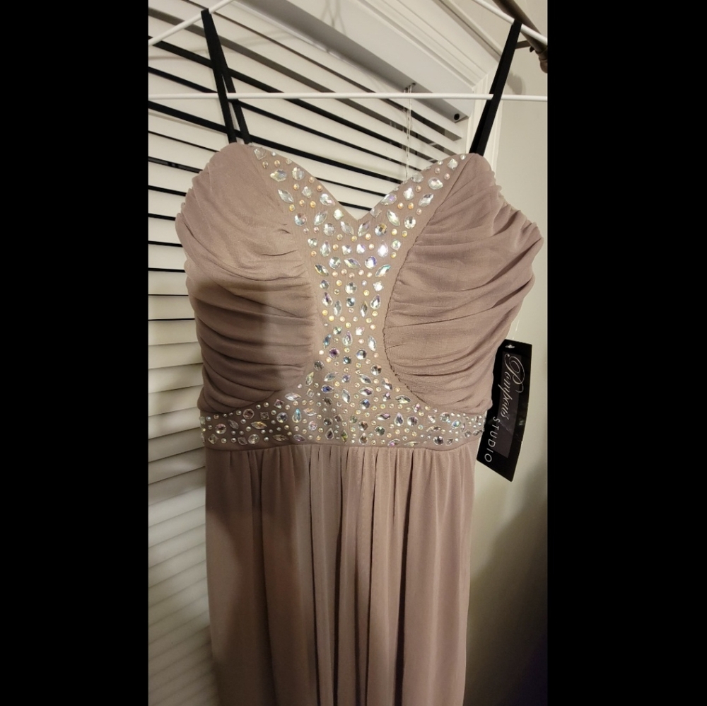 Taupe color long junior Prom dress